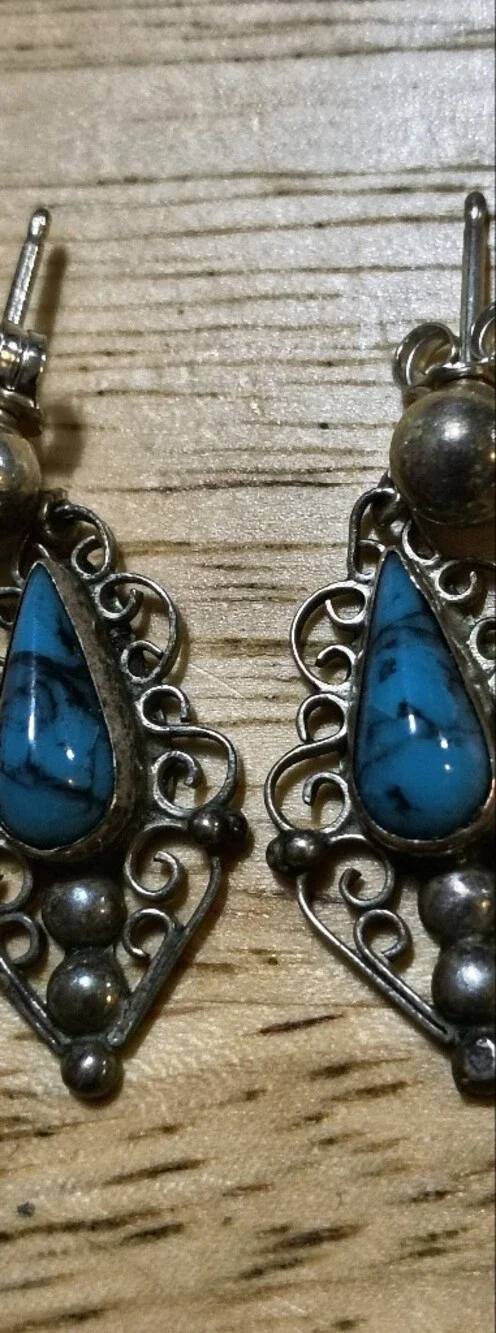 Vintage Sterling Silver Turquoise Teardrop Filigree Drop Signed Mexico Earrings